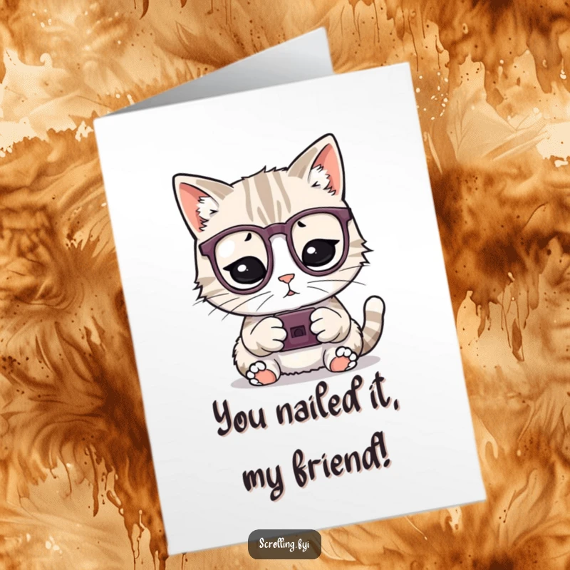 Funny Free Printable Congrats Card: A playful cat in glasses intently using a small device, celebrating a win.