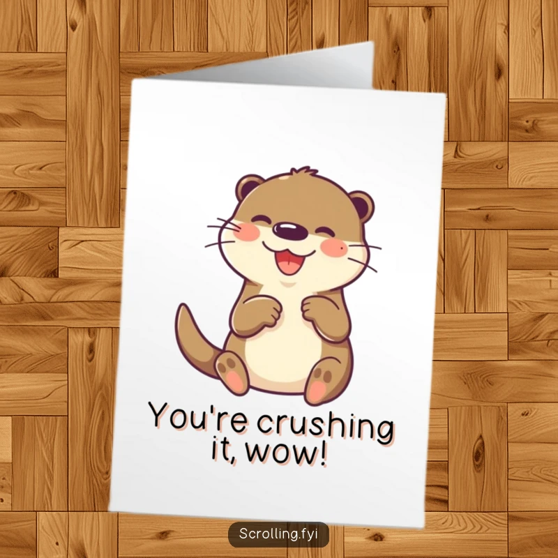 Funny Free Printable Congratulations Card: A joyful otter rapidly taps its paw on a small screen, celebrating success.