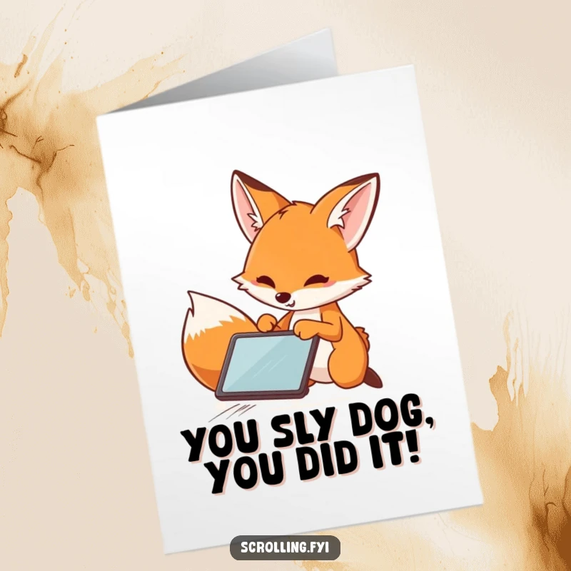Funny Free Printable Congratulations Card: A playful fox with lightning speed, swiping across a digital tablet interface.