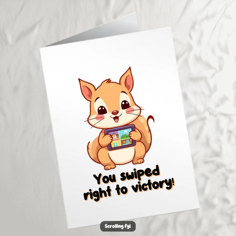 Funny Free Printable Congrats Card: An excited squirrel furiously swiping through photos on a digital tablet.