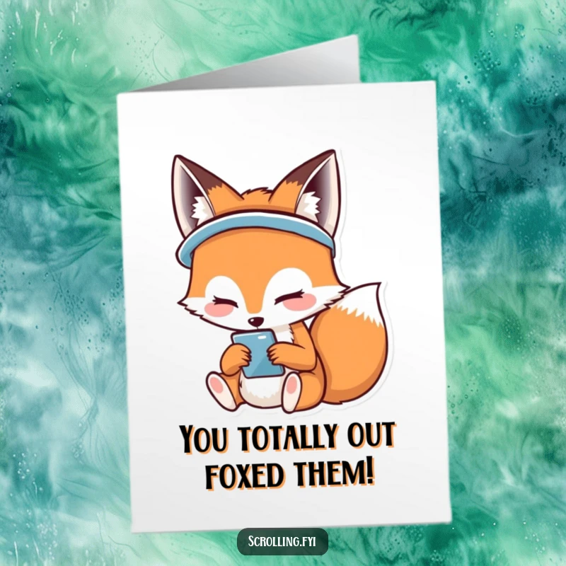 Funny Free Printable Congrats Card: A fox beaming with happiness while completely absorbed by its mobile phone screen.