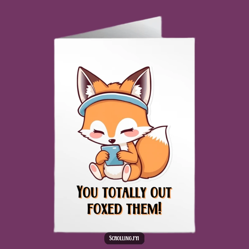 Free Printable Congrats Card: Smiling Fox on Phone, Happy Downloadable Gift