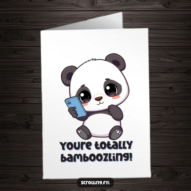 Funny Free Printable Congratulations card with a cute panda holding a smartphone, eyes fixed on the screen, celebrating online.