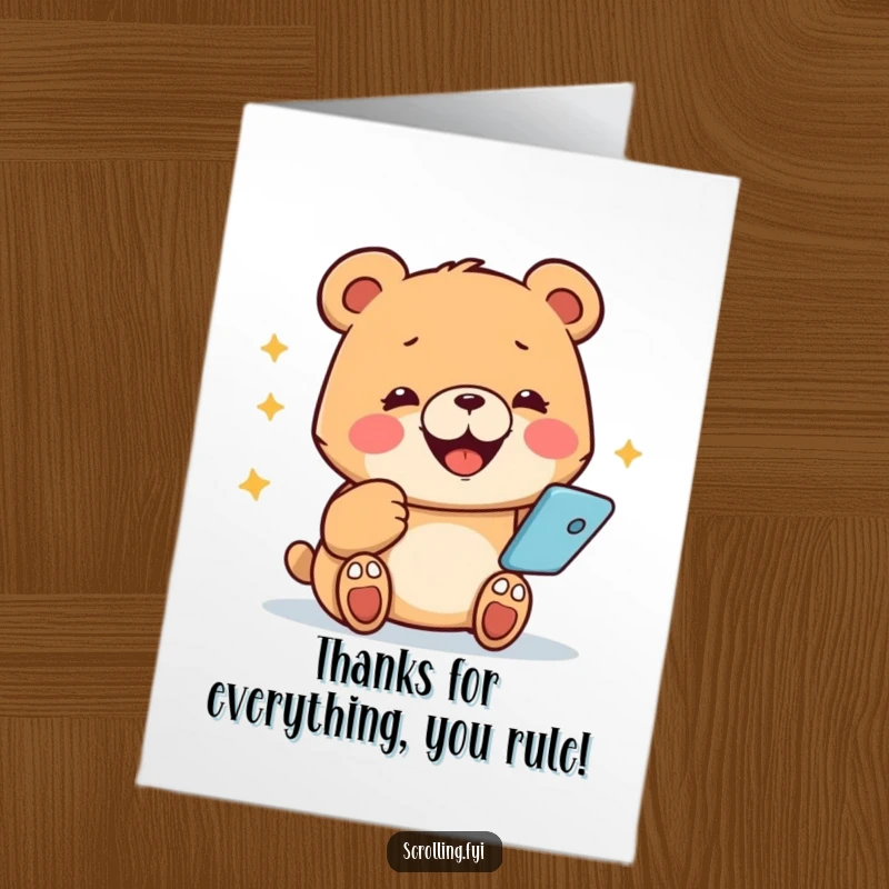 Funny free printable thank you card: Bear smiling widely while busy on its phone, a modern way to say thanks.