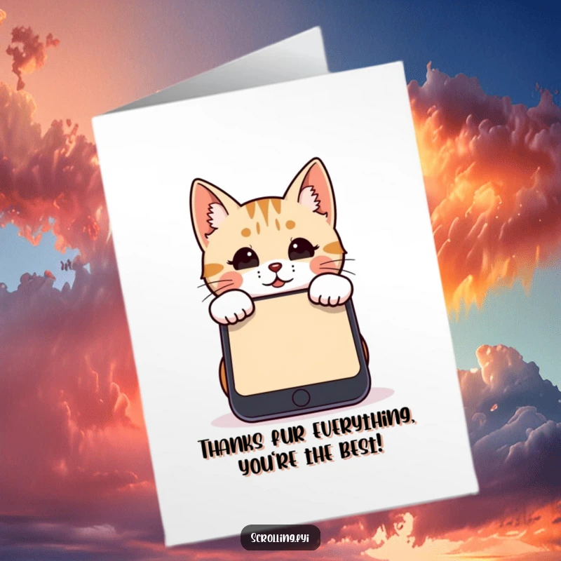 Funny Free Printable Cat Card: A cute cat peeking over a giant phone, offering a funny thank you.