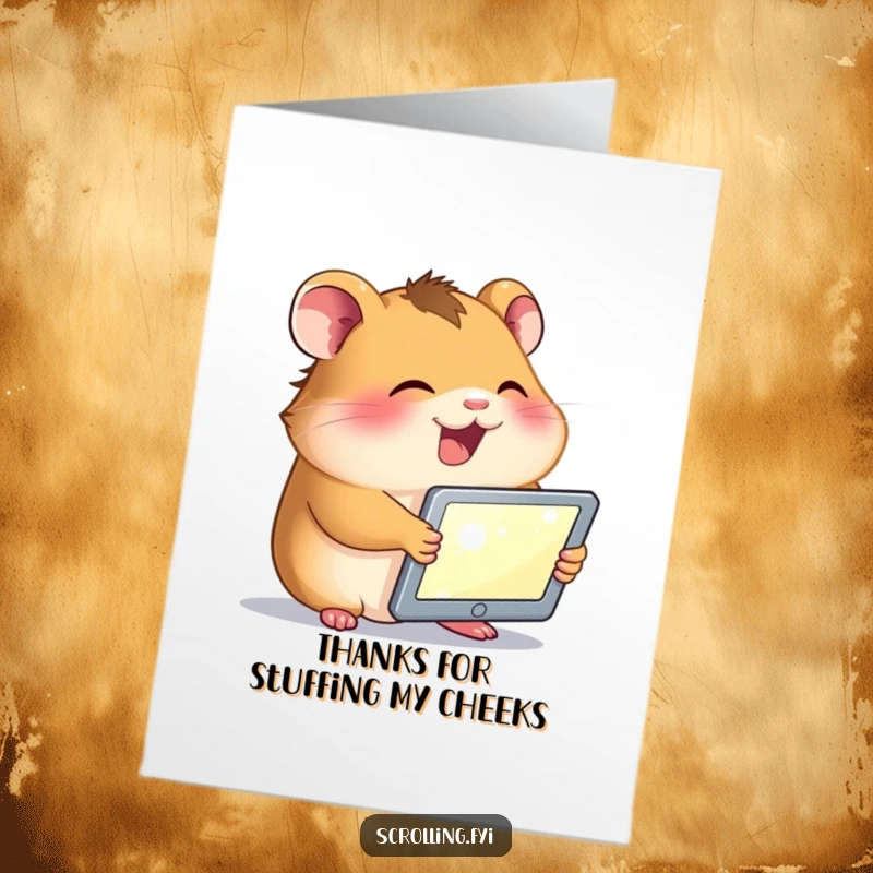 Funny Free Printable Thank You Card: A giggling hamster holds a tablet, its face illuminated, sharing a delighted thank you.