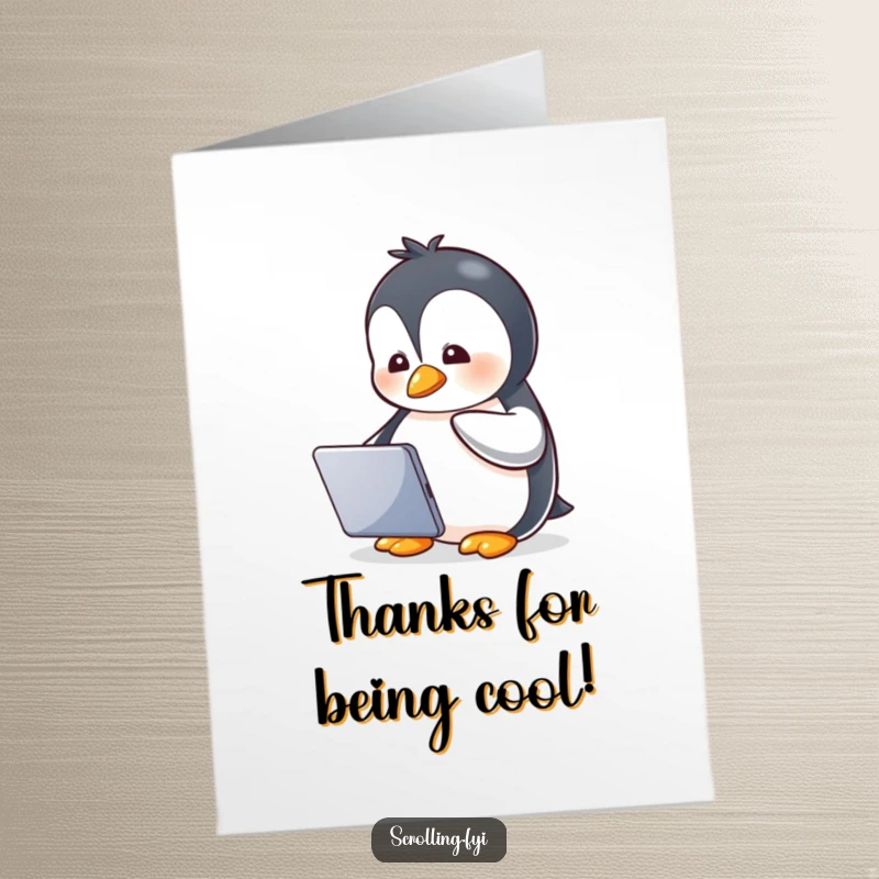 Funny Free Printable Penguin Thank You Card: Little penguin watches tablet with glee, thanking with happiness.