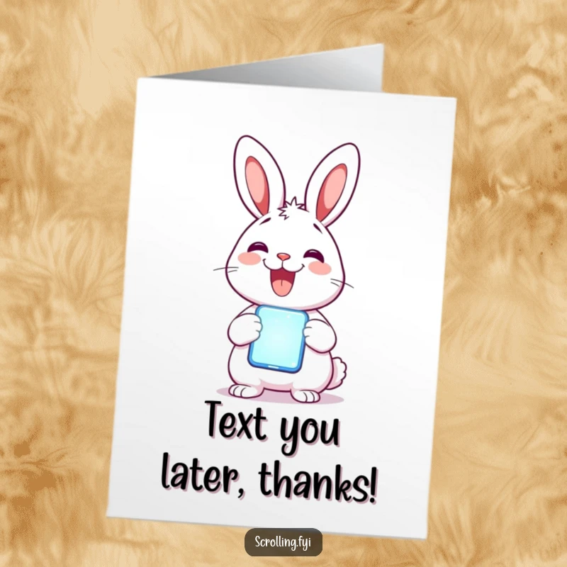 Funny Free Printable Thank You Card: Delighted rabbit holding a glowing mobile phone with a wide smile, expressing thanks digitally. Downloadable.