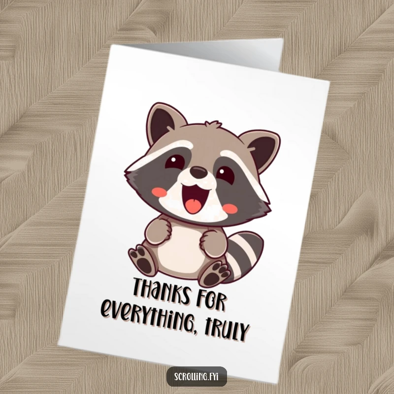 Funny Free Printable Raccoon Thank You Card: A jovial raccoon shows surprised delight, perfect for a humorous thank you.