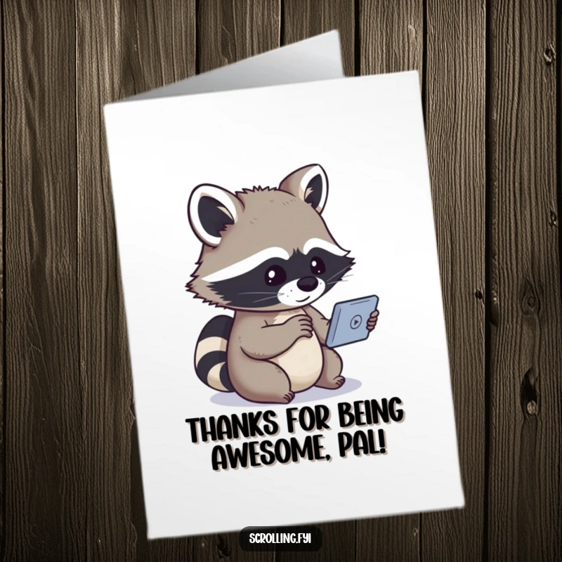 Funny Free Printable Raccoon Thank You Card: Raccoon intently watching a small screen, expressing thanks with humor.