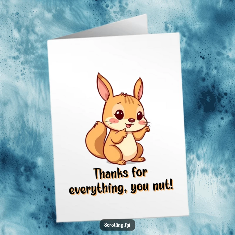 Funny Free Printable Thank You Card: A playful squirrel tapping on a digital device, sending thanks.