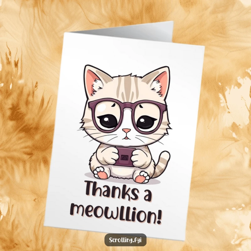 Funny Free Printable Thank You Card: A cat in glasses happily using a small device to express thanks, looking grateful.