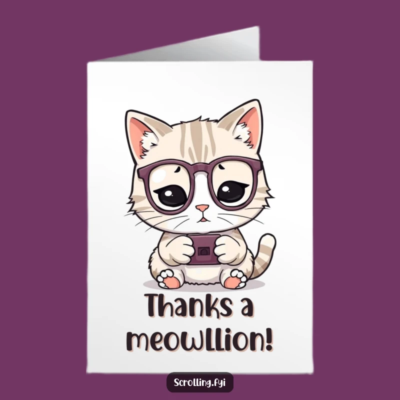 Free Printable Thank You Card: Grateful Cat Scholar with Device - Downloadable