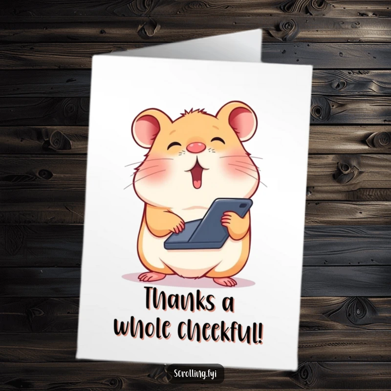 Funny Free Printable Thank You Card: A silly hamster balances a phone on its nose, scrolling.