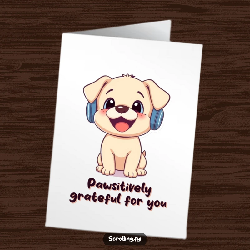 Funny Free Printable Thank You Card: A puppy wearing headphones looks utterly surprised by a notification.