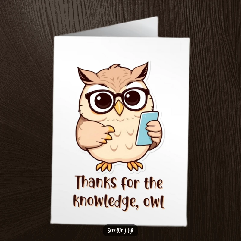 Funny Free Printable Thank You Card: Wise owl peers over spectacles, acknowledging your thoughtful gesture.