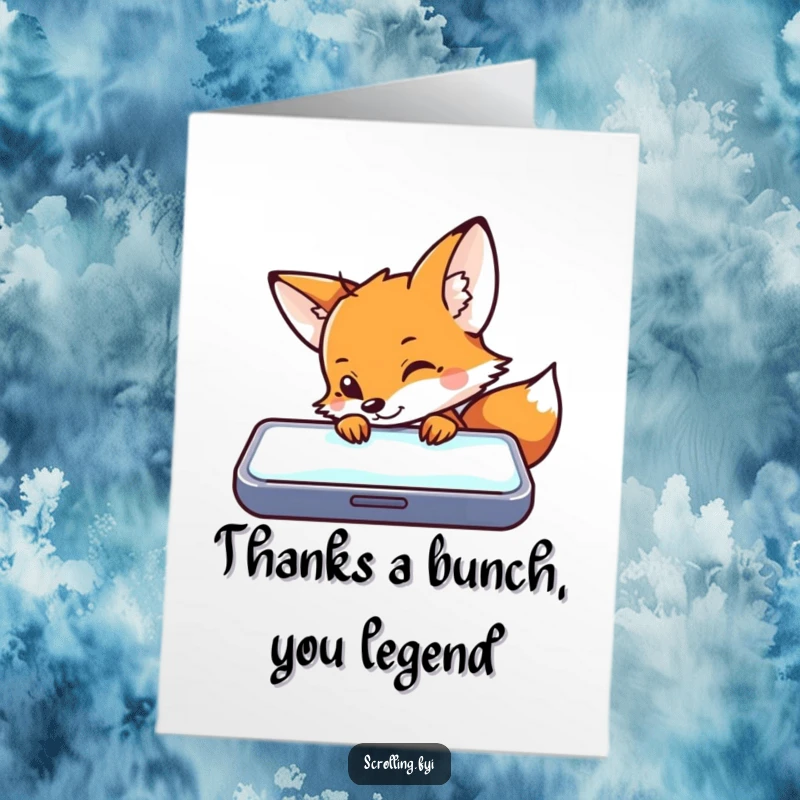 Funny Free Printable Thank You Card: A curious fox peeking at a phone screen, expressing gratitude.