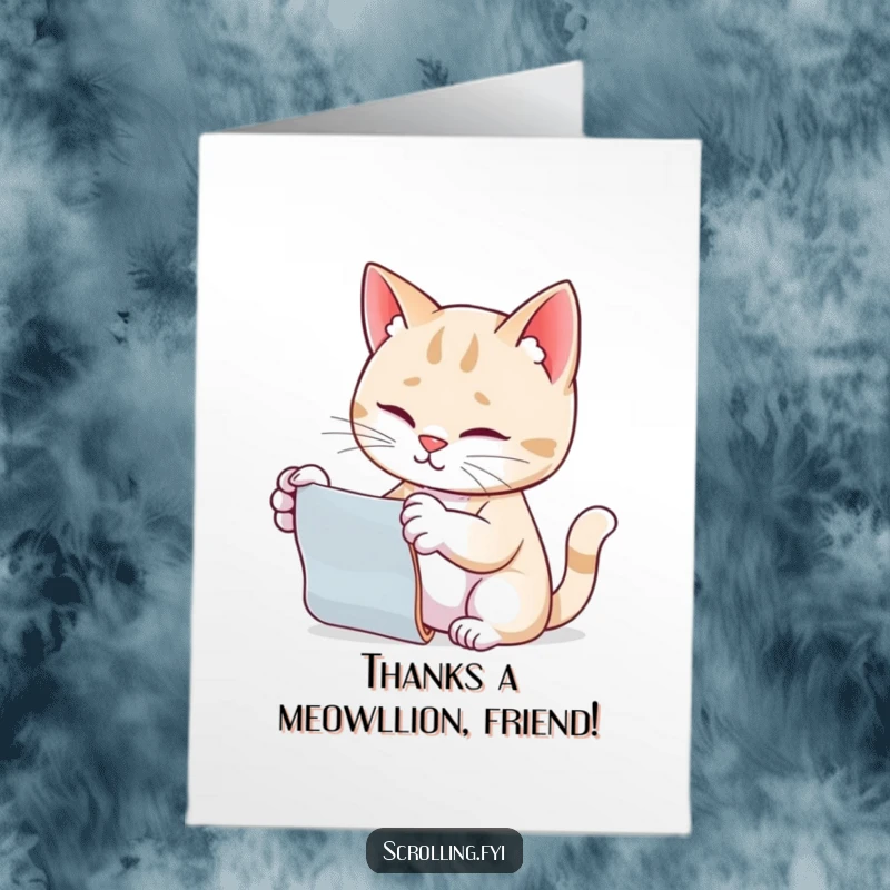 Funny free printable thank you card: Cat with paw outstretched, focused on scrolling a screen, a modern thank you.