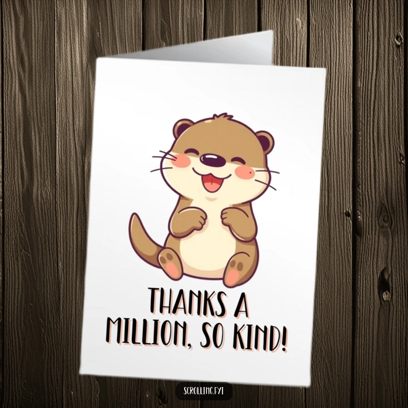 Funny Free Printable Thank You Card: A joyful otter swiftly taps on a small screen with its paw, sending thanks.