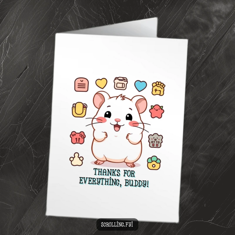 Funny Free Printable Hamster Thank You Card: Happy hamster quickly clicking icons, showing thanks with speed.