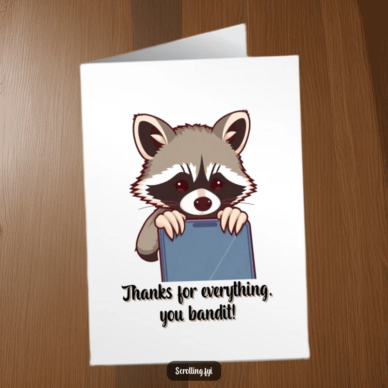 Funny free printable thank you card: A mischievous raccoon spying on a phone screen.