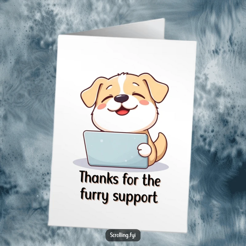 Funny Free Printable Thank You Card: Content dog looks up from tablet with happy sigh, expressing thanks, a downloadable note.