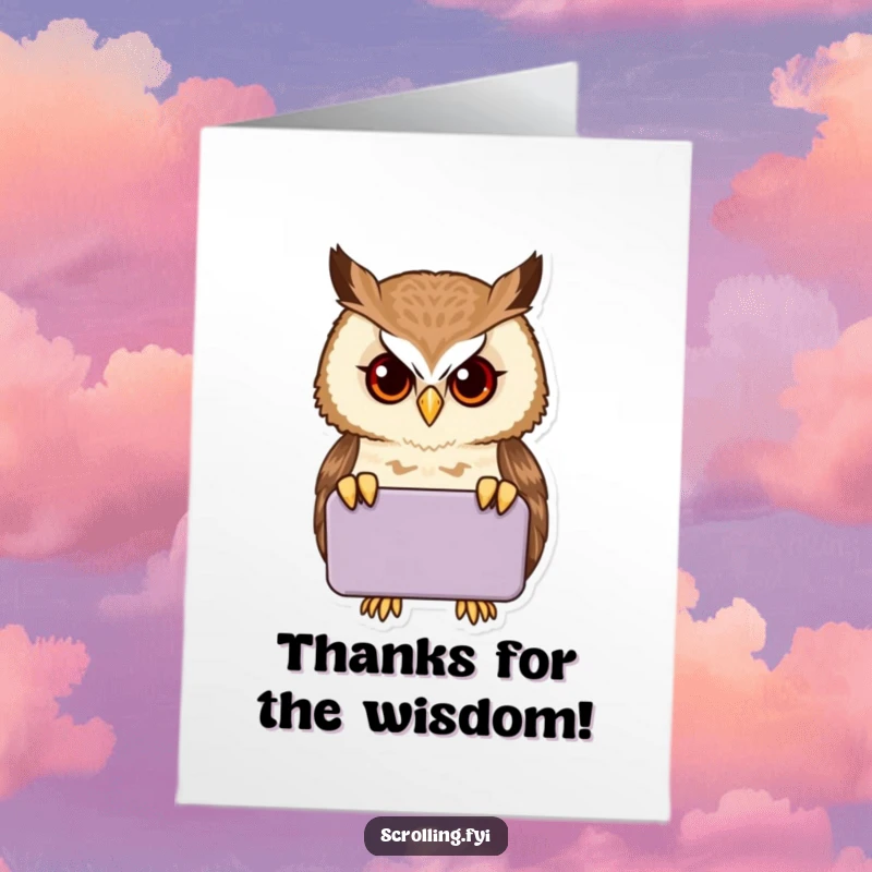 Funny Free Printable Thank You Card: A proud owl is deeply focused on a handheld device, sending digital thanks.