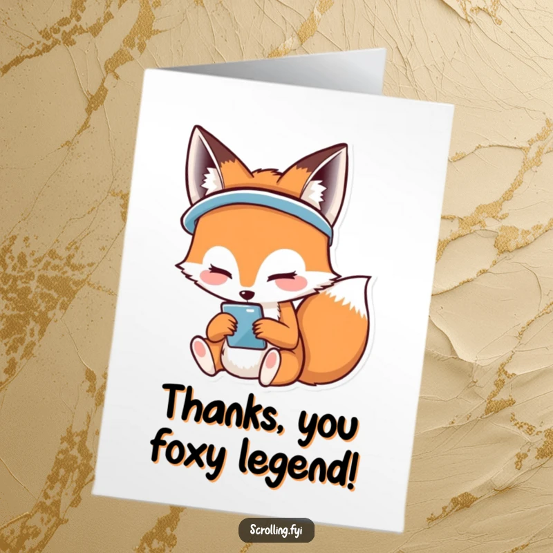 Funny Free Printable Thank You Card: A charming fox with a distinct happy smile, eyes glued to its phone screen.