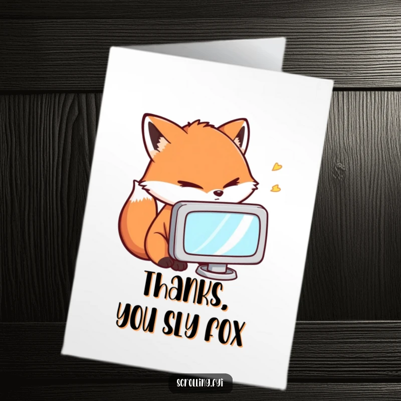 Funny Free Printable Thank You Card: A fox comically staring intently into a small digital screen, capturing the essence of modern focus.