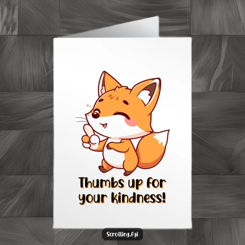 Funny Free Printable Thank You Card: A happy fox character sending thanks by scrolling on a digital device.
