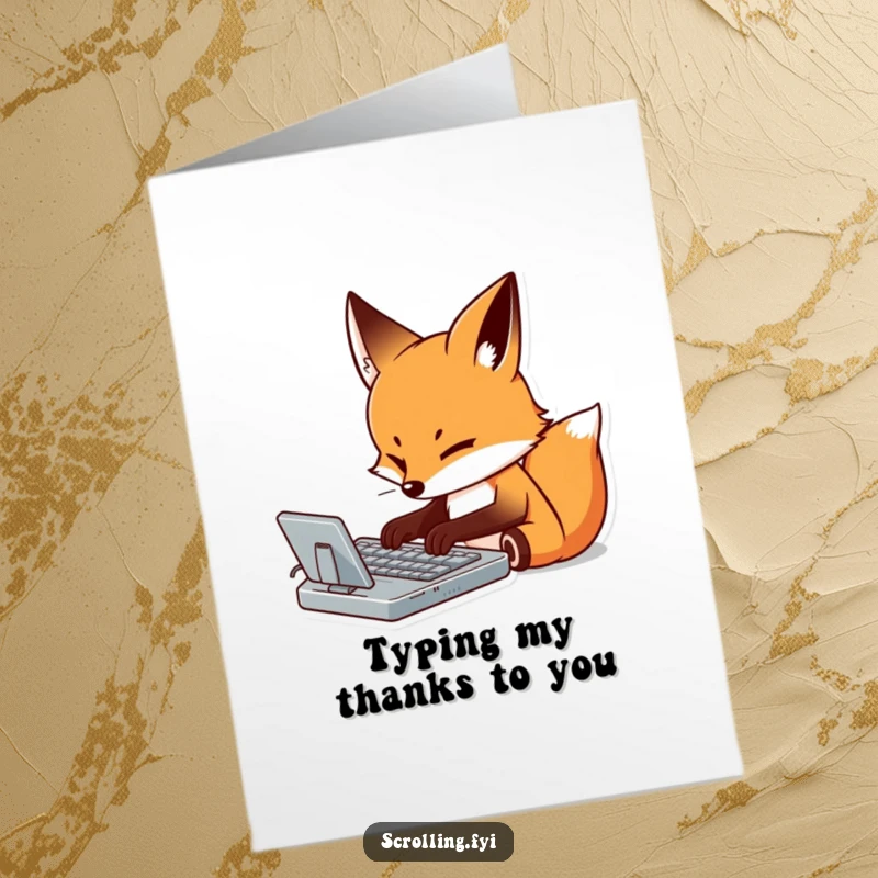 Funny Free Printable Thank You Card: A determined fox focuses on typing a virtual keyboard, crafting a precise thank you.