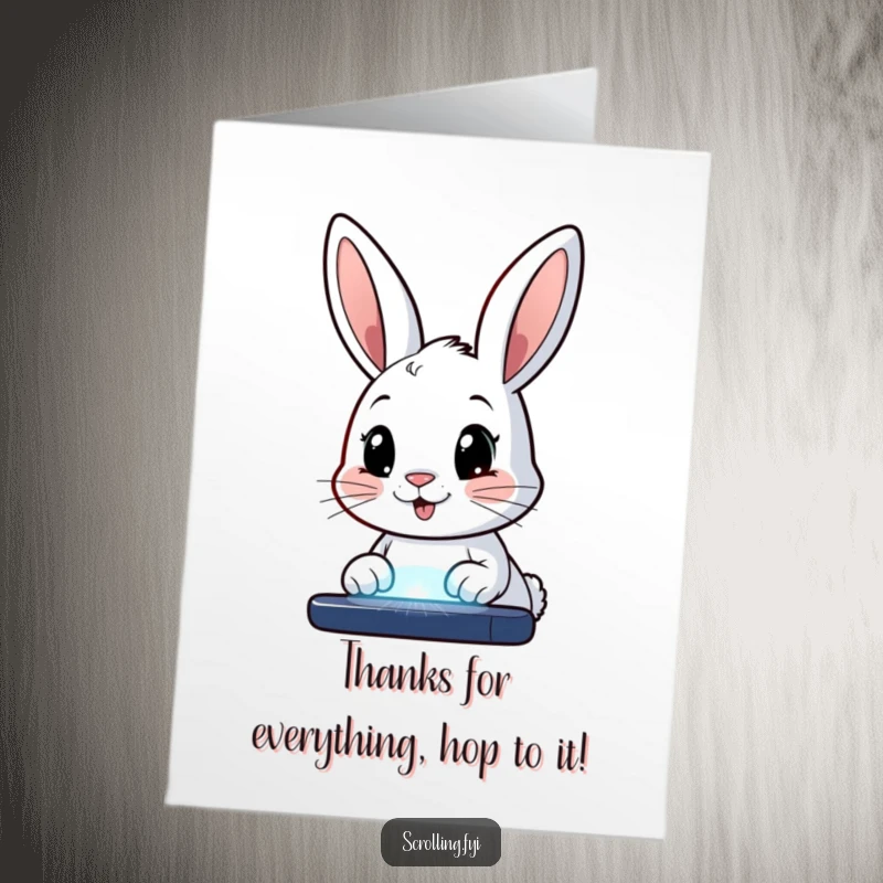 Funny Free Printable Thank You Card: A happy bunny with wide, curious eyes staring intently at the light of a digital screen.