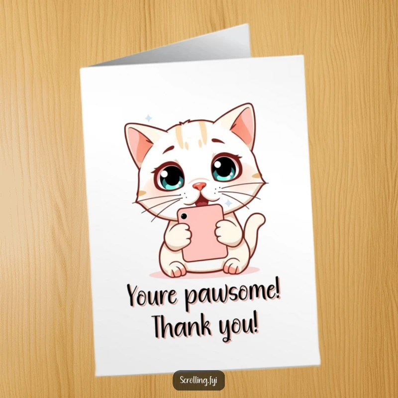 Funny free printable thank you card: A cat looks utterly shocked at its phone screen, wide-eyed.