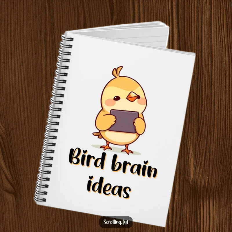 Funny Bird Watching Device Notebook: A lined journal featuring a small bird with a curious head tilt, intently observing a device, ideal for notes.