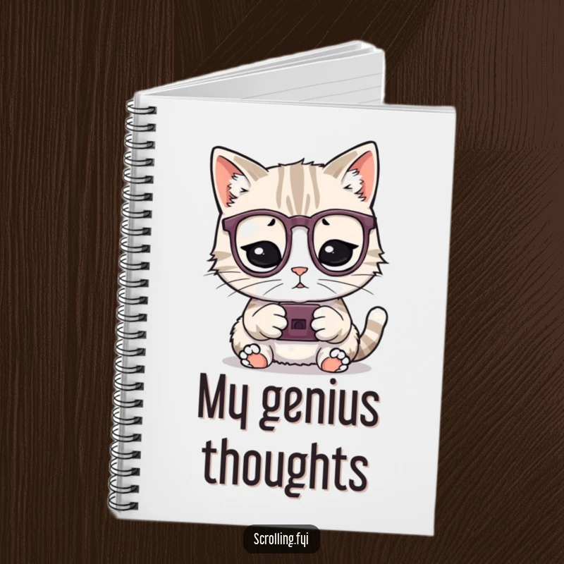 Funny notebook cover with a playful cat wearing glasses engrossed in a tiny device, perfect for a funny journal gift.