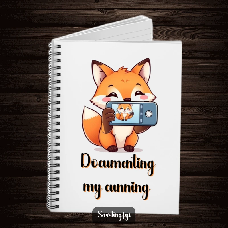 Funny Fox Notebook with a smiling fox holding a phone to capture a moment, ideal for journaling photography ideas.