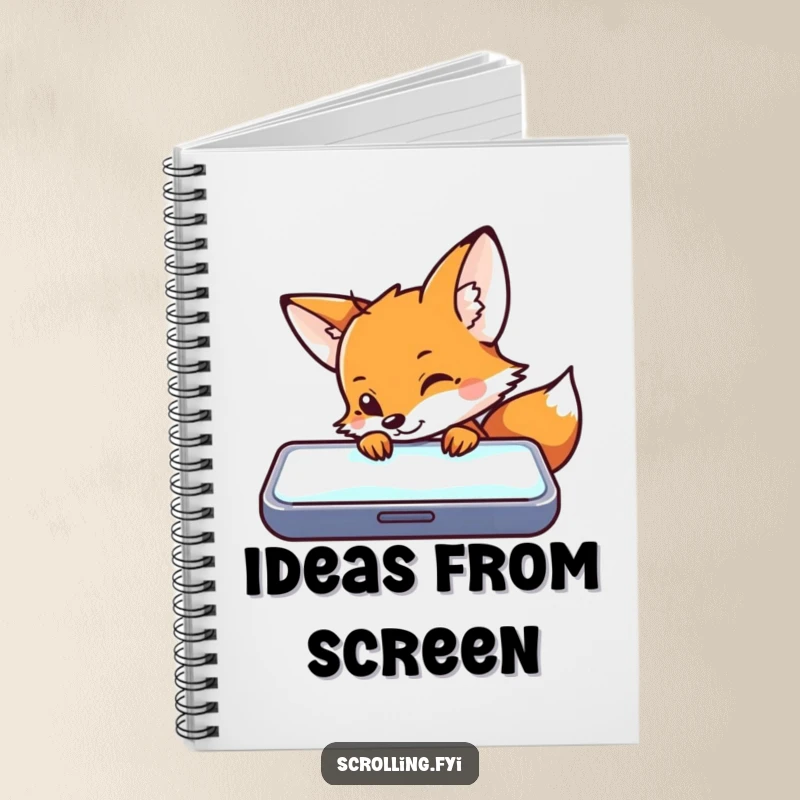 Funny notebook cover with a curious fox peeking at a glowing mobile device, inspiring tech-related creativity.