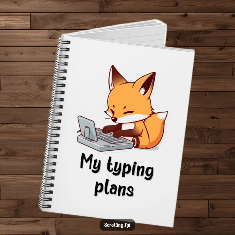 Funny notebook cover with a determined fox meticulously typing on a virtual keyboard with focus, encouraging productive note-taking.
