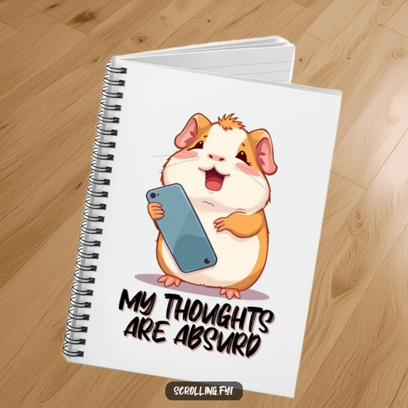 Funny giggling guinea pig holding a smartphone upside down with evident amusement. Ideal funny notebook.