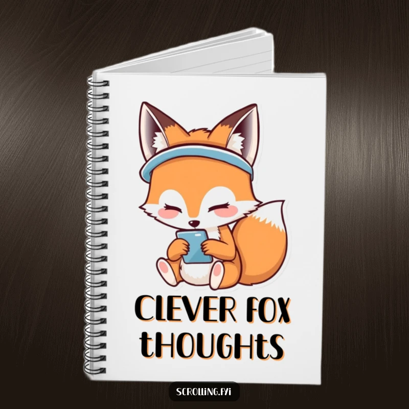 Funny notebook cover with a happy fox smiling while looking at its phone, ideal for journaling.