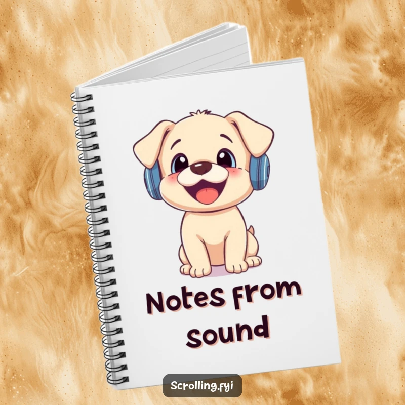 Funny notebook cover of a happy puppy in headphones, looking surprised by a smartphone notification screen.