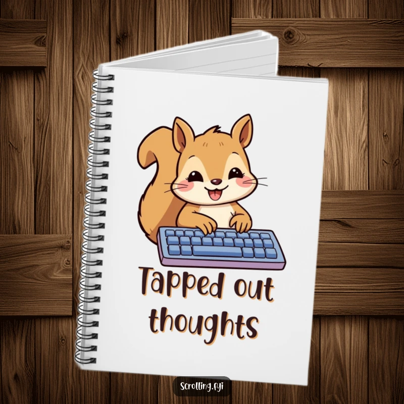 Funny Squirrel Notebook cover with a smiling squirrel happily typing a message on a keyboard, ideal for writing.
