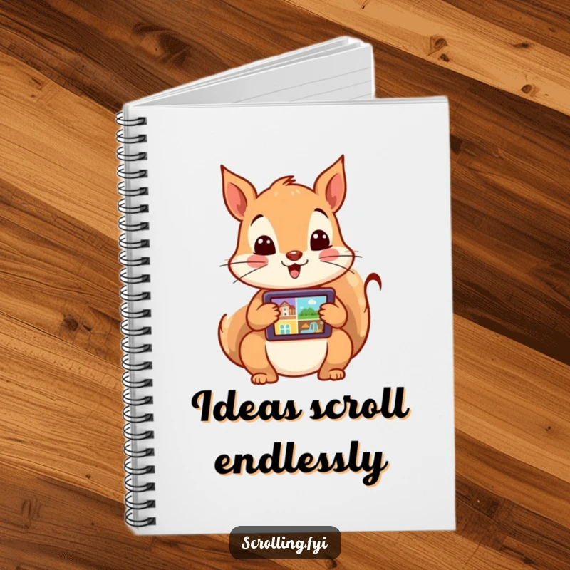 Funny notebook cover featuring an excited squirrel energetically swiping through images on a tablet. Perfect for note-taking and digital brainstorming.