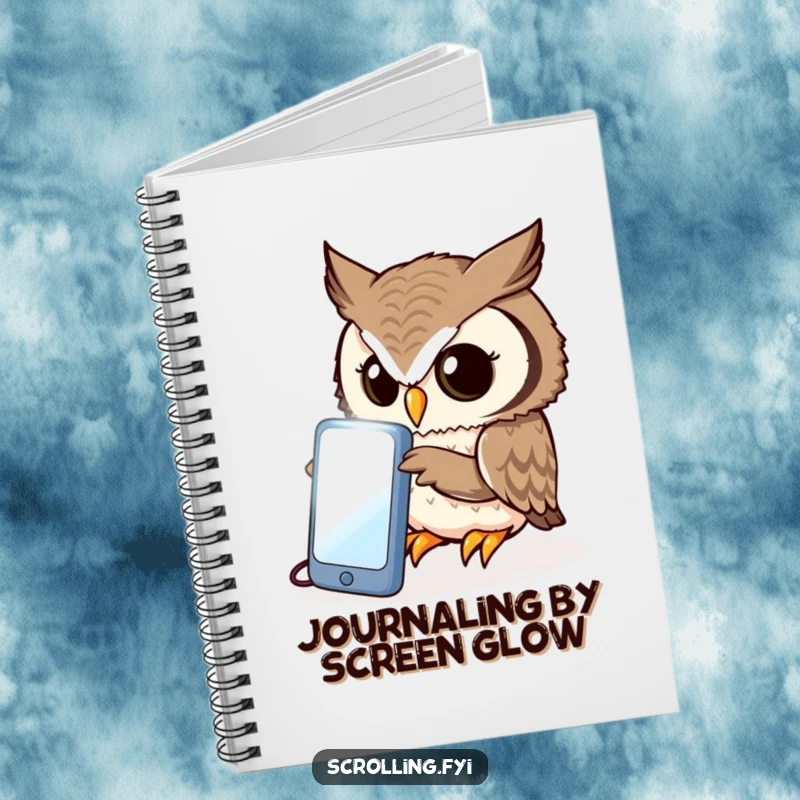Funny owl notebook, curiously peering intently at a bright, illuminated phone screen, perfect for jotting smart notes.