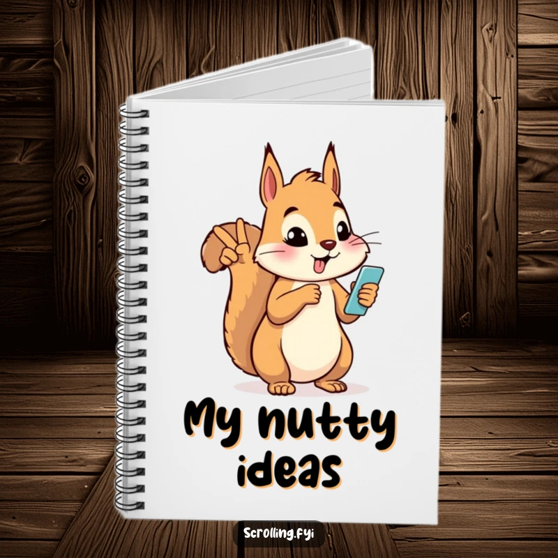 Funny silly squirrel giving a peace sign while looking at a phone on the cover of a notebook.