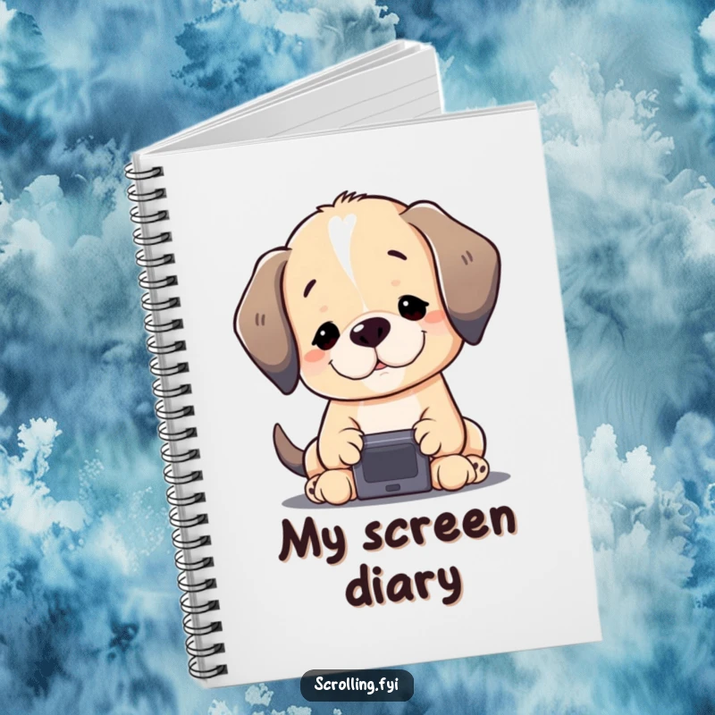 Funny Puppy Notebook: A content puppy gazing at a small screen, ideal for notes and ideas, a humorous stationery item.