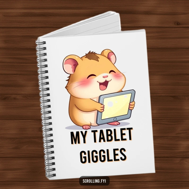 Funny notebook cover with a giggling hamster holding a tablet, its face illuminated by the screen, encouraging tech-inspired note-taking.