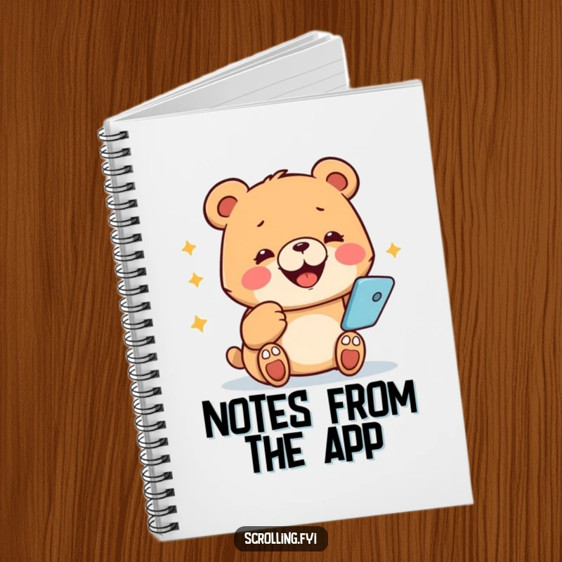 Funny bear notebook, happy expression, tapping on a phone, symbolizing thoughts on technology.