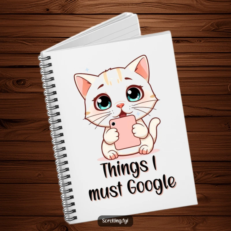 Funny Cat Notebook: A surprised cat with wide, amazed eyes observing a phone screen, ideal for journaling or notes, gift.