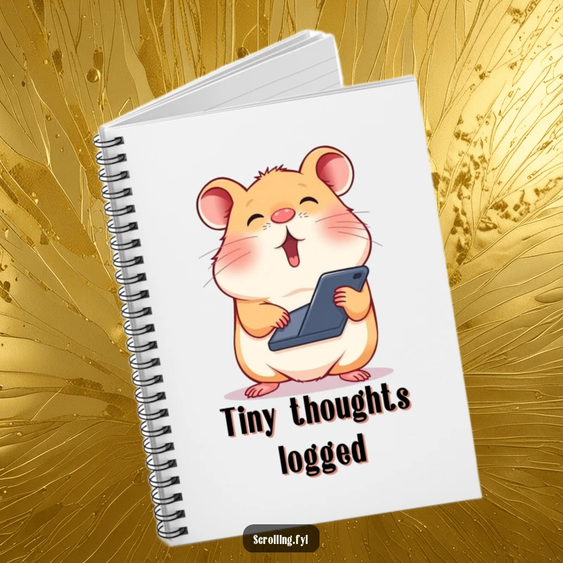 Funny notebook cover with a silly hamster balancing a phone on its nose, scrolling intensely.